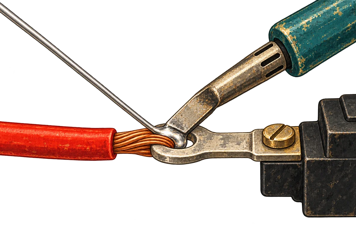 A chisel tip contacts a copper wire and solder lug together, while solder is fed into the connection from the opposite side.